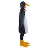 LW Penguin Adult Costume, foam novelty costume attached hood with face long fins and yellow feet.