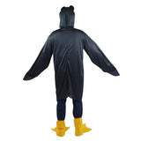 LW Penguin Adult Costume, foam novelty costume attached hood with face long fins and yellow feet, plain black back.