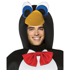 Adult penguin costume with attached hood, beak and flipper shoe covers front view