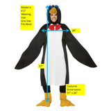 LW Penguin Adult Costume, foam novelty costume attached hood with face long fins and yellow feet.