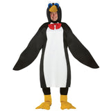 LW Penguin Adult Costume, foam novelty costume attached hood with face long fins and yellow feet.