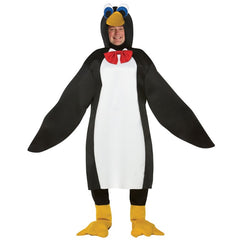 Adult penguin costume with attached hood, beak and flipper shoe covers front view