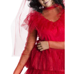 Lydia Deetz Wedding Dress Costume - Adult, red top and skirt ruffles in sparkly tulle fabric and veil.
