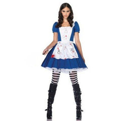 Mad Alice horror costume with blood-splattered blue dress for hire in Brisbane