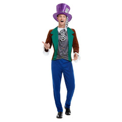 Mad Hatter Men's Costume - Smiffys, brown jacket with green collar, check attached vest, blue trousers and top hat.