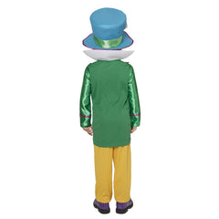 Child wearing an officially licensed Disney Mad Hatter deluxe costume with top hat for Book Week and Alice in Wonderland dress-up
