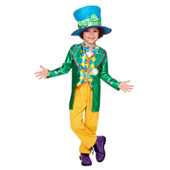 Child wearing an officially licensed Disney Mad Hatter deluxe costume with top hat for Book Week and Alice in Wonderland dress-up