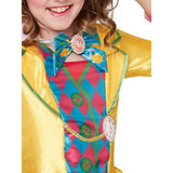 Close up of bodice of mad hatter girls deluxe costume kids and teens, separate collar with bow tie.