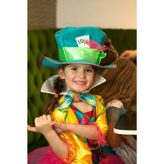 Girls Mad Hatter costume with satin dress, glitter tulle skirt, and character hat