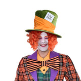 Green plush Mad Hatter hat with orange band and 10/6 card, ideal for Book Week or storybook costumes