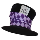 mad hatter hat with purple diamond print wide band and 10/6 motif.
