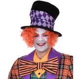 Black Mad Hatter top hat with purple diamond band and 10/6 card, adult size costume accessory