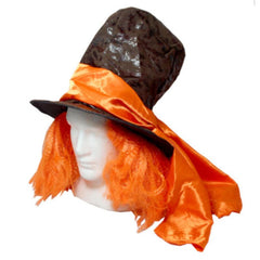 Mad Hatter Hat with Hair, brown distressed look hat with orange attached hair and wide orange ribbon band.