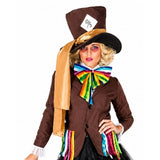 Close-up of Mad Hatter Ladies Costume showing rainbow bow tie, brown jacket and character hat