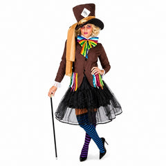 Mad Hatter Ladies Costume with brown jacket, top hat, rainbow bow tie and striped stockings