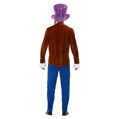 Mad Hatter Men's Costume - Smiffys, brown jacket with green collar, check attached vest, blue trousers and top hat.