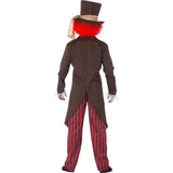Back view Mad hatter mens costume, long coat with rainbow trim on the pockets, matching bow tie, stripe trousers and hat with sash.