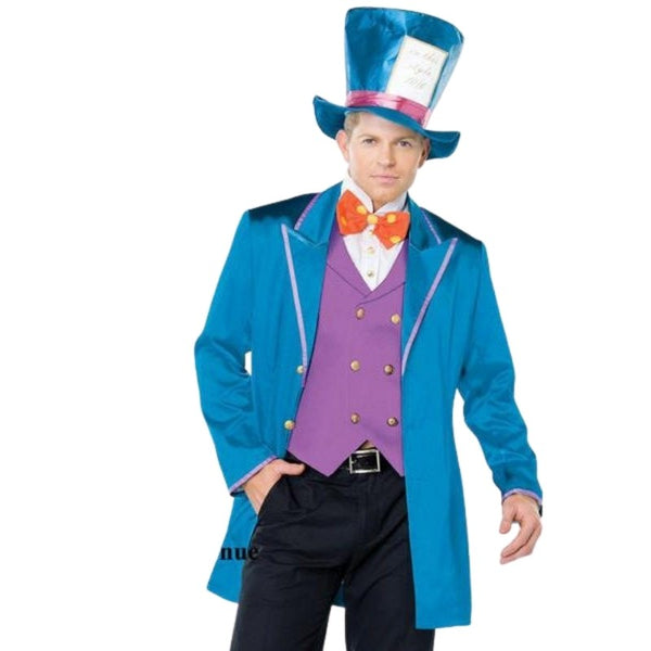 Mad Tea Party Host costume hire Brisbane with colourful jacket and top hat