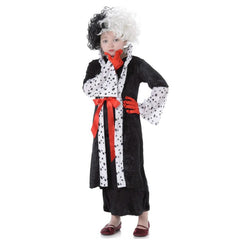 Madam Evil costume for child featuring black coat with dalmatian trim, red gloves and half black and white wig