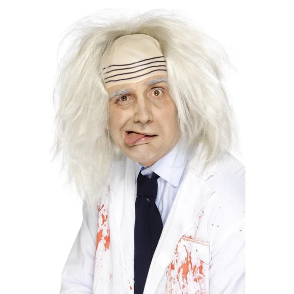Madman Scientist Wig with balding patch, frown lines, and long grey hair for Halloween costumes