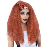 Long wavy auburn Magenta wig with victory roll – Rocky Horror