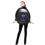 Woman wearing Magic 8 Ball Tabard Costume – front view showing round foam design with interchangeable answer card in vinyl pocket.