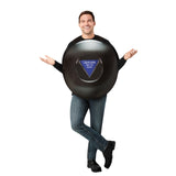 Magic 8 Ball Tabard Costume – front view showing round black foam tabard with clear vinyl pocket and interchangeable answer card inserted.