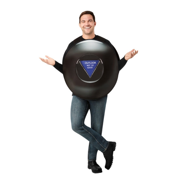 Magic 8 Ball Tabard Costume – front view showing round black foam tabard with clear vinyl pocket and interchangeable answer card inserted.