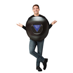 Magic 8 Ball Tabard Costume – front view showing round black foam tabard with clear vinyl pocket and interchangeable answer card inserted.