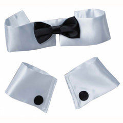 Male Stripper Set-Collar,Tie & Cuff Set, made from white satin with black bow tie.