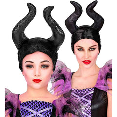 Black Malefica horns headband costume accessory for Halloween and fairy-tale villain outfits