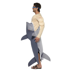 Man Eating Shark Costume includes muscle chest with attached foam shark, splits at sides for easy wear.
