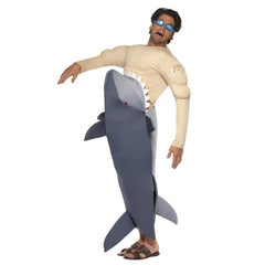 Man Eating Shark Costume includes muscle chest with attached foam shark, splits at sides for easy wear.