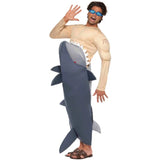 Side view of the Man Eating Shark Costume featuring a padded muscle chest for the upper body and a grey foam shark encasing the body, creating the illusion of being eaten by a shark.