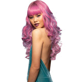 long pink and purple curly wig with fringe