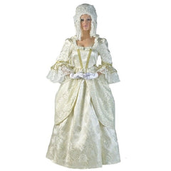 Marie Antoinette gown hire in cream with gold trim and heavy brocade detailing