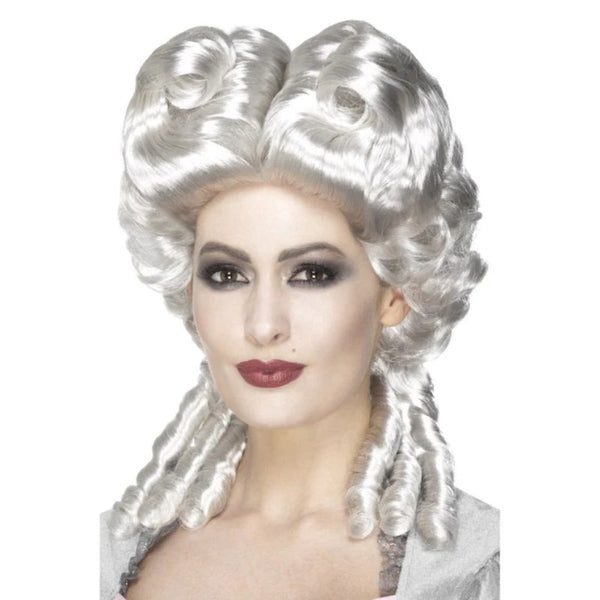 Deluxe Marie Antoinette Wig, White, updo with ringlets hanging down.