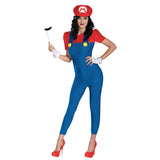 Front view of women’s Mario costume with red hat, jumpsuit, and gloves
