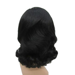 marlene black wig, shoulder length with soft wavy curls.
