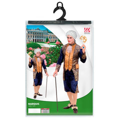 Blue velvet Marquis costume with gold trim, jacket and pants, French Versailles prince or nobleman style