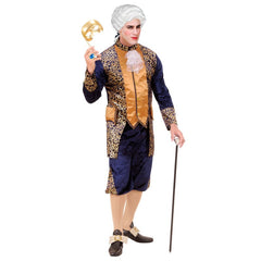 Blue velvet Marquis costume with gold trim, jacket and pants, French Versailles prince or nobleman style