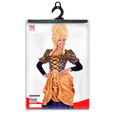 Blue velvet Baroque-style dress with gold peplum, Versailles-inspired French court costume