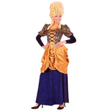 Blue velvet Baroque-style dress with gold peplum, Versailles-inspired French court costume