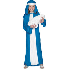 Front view of Mary Child’s Costume featuring full-length blue and white gown with matching blue veil and white sash.