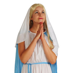 Ladies Mary costume with blue headscarf and cream robe