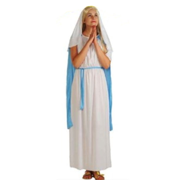Mary ladies costume, white dress with attached hood and headpiece, blue trim