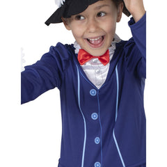 Mary Poppins Costume-Child, blue drop waist dress and felt hat with faux flowers.