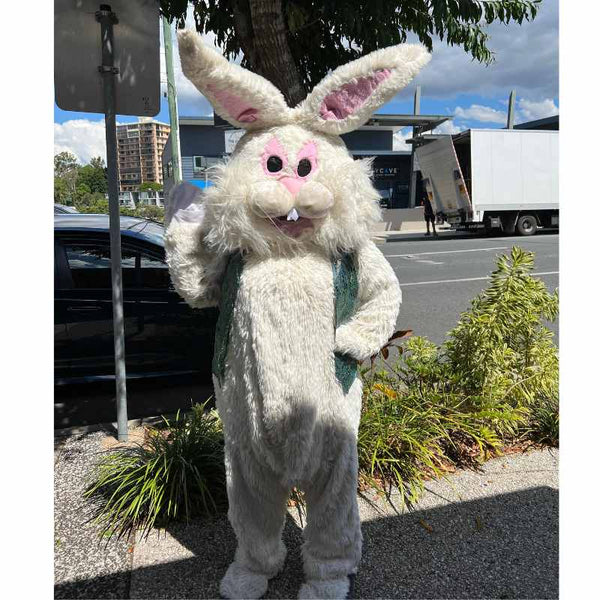 Easter Bunny mascot costume with large head and plush suit for hire in Brisbane
