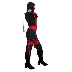 Masked Ninja Girl Costume black jumpsuit with red ties and black mask.