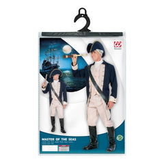 Master of the Seas admiral costume with jacket, vest, pants, jabot, boot covers, sash, and hat